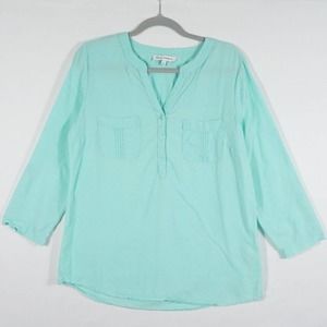 Emily Daniels Women's Linen Top Blouse Size Large Front Zip Roll Tab Sleeve